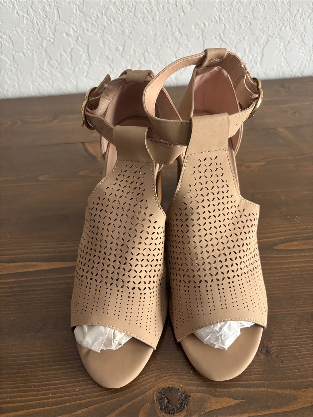 Forever 21 Nude Laser-Cut Peep-Toe Ankle Strap Sandals